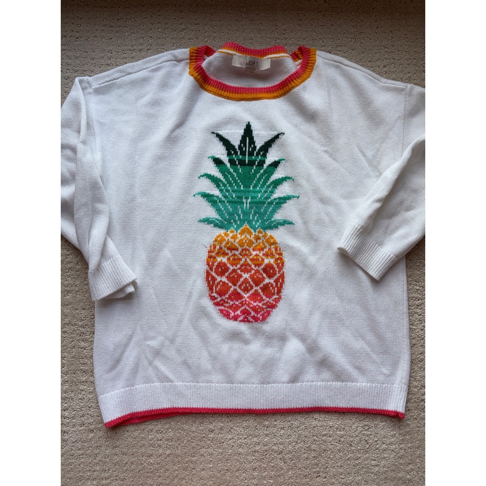 LOFT Pineapple Sweater S White 100% Cotton Boxy Retro Botanical Boho Preppy